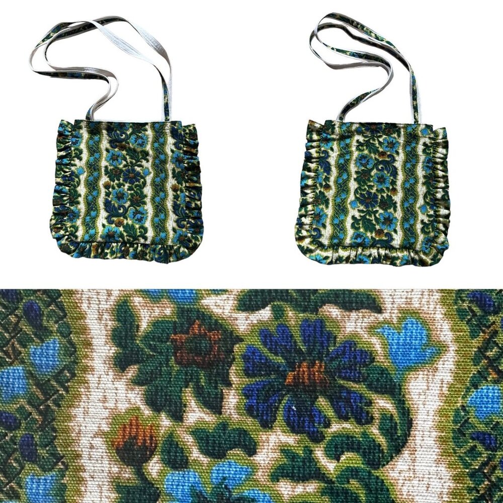Side Eye Bird Handmade Ruffle Tote Bag Vintage 60s Fabric Mod Floral Green Blue